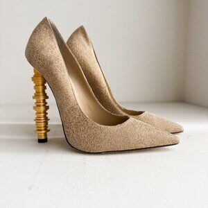 Julia Haart Nude Beige Pointy Toe Unique Heel High Heels 38.5